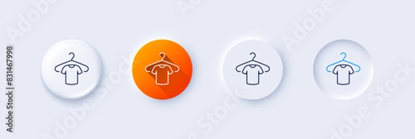 Fototapeta T-shirt line icon. Neumorphic, Orange gradient, 3d pin buttons. Tee shirt with hanger sign. Fabric sport wear symbol. Line icons. Neumorphic buttons with outline signs. Vector