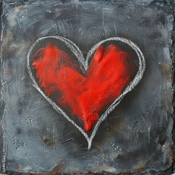 Fototapeta A drawing in red chalk in the shape of a heart on the background of a blackboard is used to decorate Valentine's Day, love, a couple or engagement, a greeting card, an invitation.