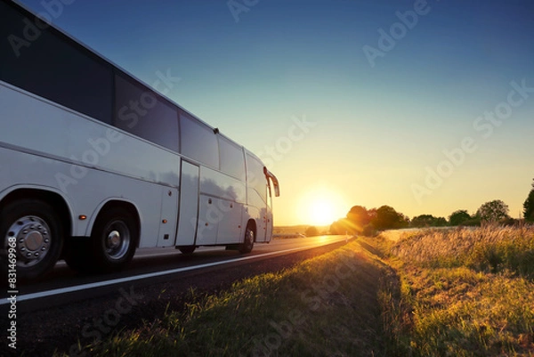 Obraz Bus with passengers driving on vacation at sunset