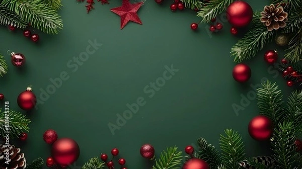 Fototapeta Merry Christmas sign banner frame with empty space and festive decoration