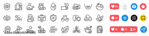 Fototapeta Chin, Rubber gloves and Dermatologically tested line icons pack. Social media icons. Medical analytics, Eye protection, Cardio bike web icon. Organic tested, Eye checklist, Skin care pictogram. Vector