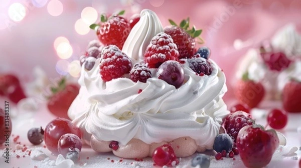 Fototapeta Pavlova, meringue base, whipped cream and fresh berries.