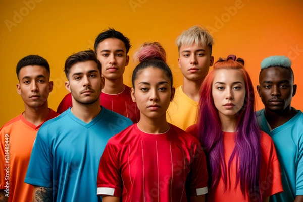 Fototapeta Group of young people standing next to each other in front of yellow background. Generative AI