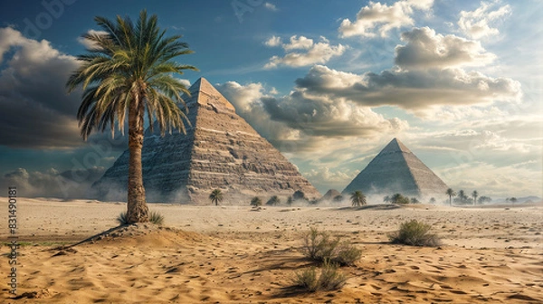 Obraz desert landscape with a palm tree in the foreground and two pyramids in the background