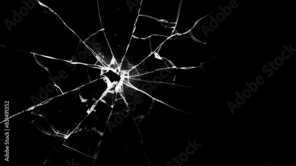 Fototapeta Broken glass cracks texture on black background. Sharp Lines on Clear Glass.