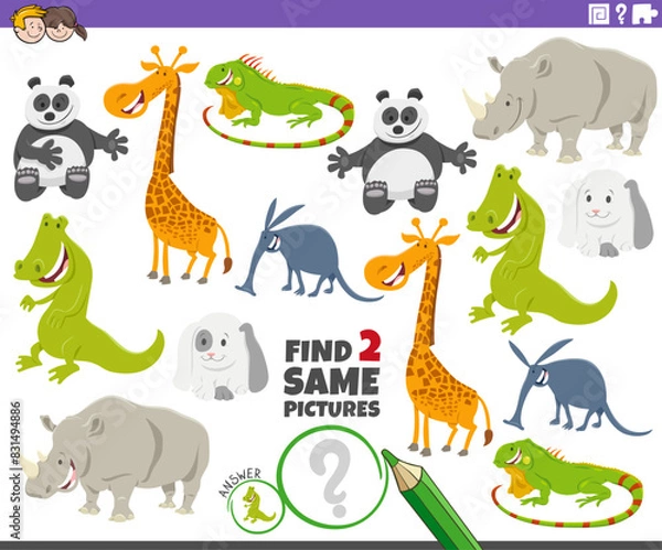 Fototapeta find two same cartoon animal characters activity game