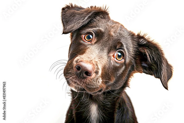 Obraz Inquisitive Puppy with Tilted Head, A curious brown puppy with a tilted head and captivating eyes gazes at the camera against a white background.