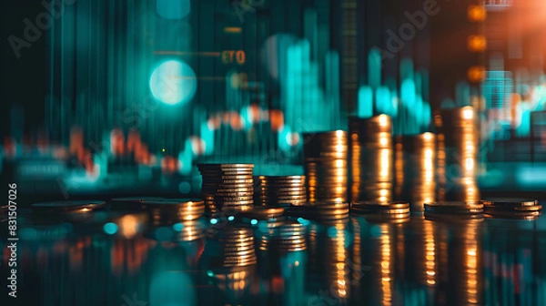 Obraz a series of stacked coins with varying heights, arranged from left to right. In the background, there’s an out-of-focus digital graph line, suggesting a financial market trend