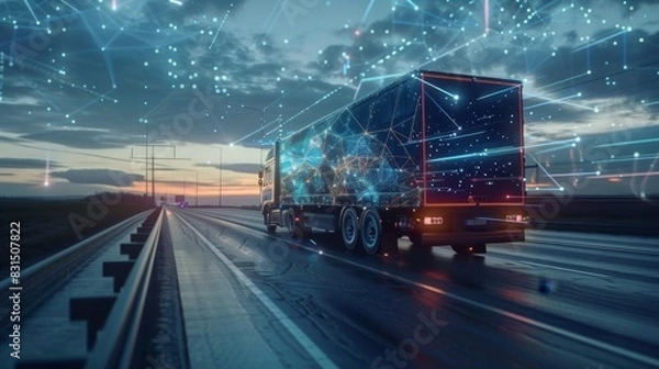 Obraz Futuristic Truck with Digital Network at Sunset, Generative AI
