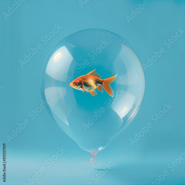 Fototapeta Goldfish in a balloon flying isolated on a pastel blue background. Creative, minimal concept.