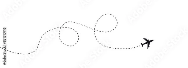 Fototapeta Airplane routes set. Aircraft planes tracking, travel, location pins, map pins. Plane, airplane, aircraft paths. Vector illustration.