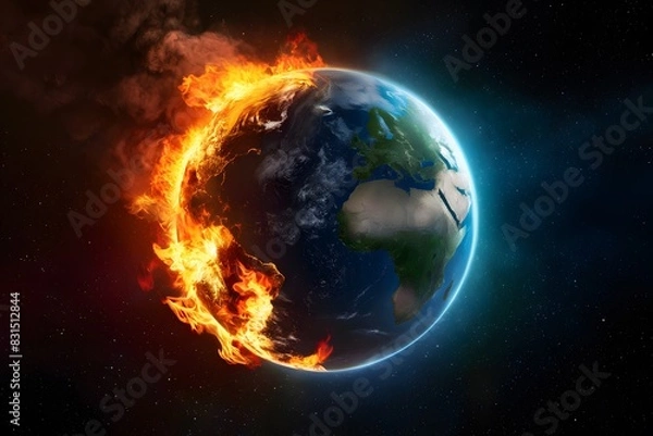 Fototapeta Chaos and destruction spread across Earth, contrasted by calm and isolation