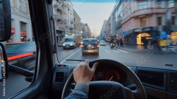 Fototapeta First person view (FPV) from a large truck driven by a truck driver.