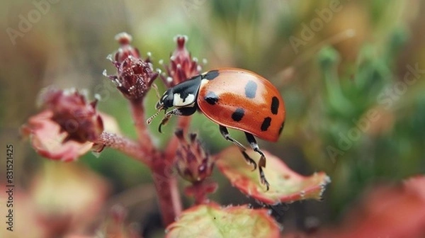 Fototapeta   Ladybug close-up on leafy plant with flowers in the foreground