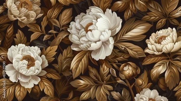 Fototapeta Floral Pattern with White and Brown Peonies, Generative AI