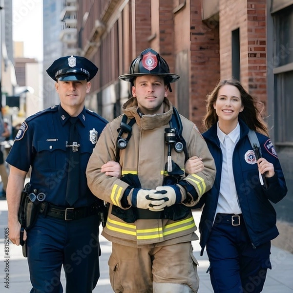 Obraz a police officer, a firefighter, and a female paramedic. They look happy and relaxed because they have completed their work, public safety agents