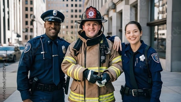 Obraz a police officer, a firefighter, and a female paramedic. They look happy and relaxed because they have completed their work, public safety agents