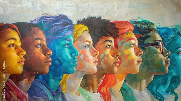 Fototapeta Multi colored and different culture, painted faces with different people of various skin showing Diversity and inclusion, equity and belonging, lgbtq, pride, can be used for wall paintings, banners