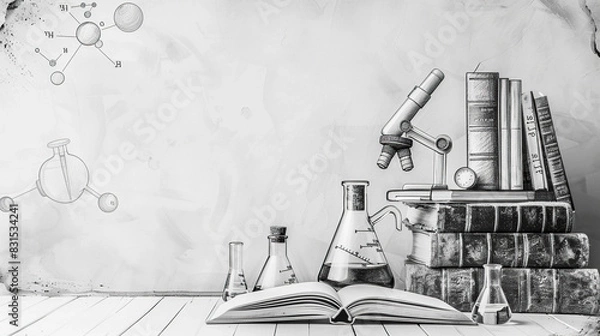 Fototapeta black and white sketch of lab instrumentsm microscope,flasks,experiment instruments, chemistry lab concept, physics and biology students, can be used for college, school, cards, banners, wallpapers