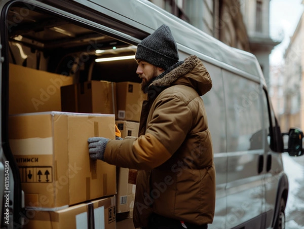 Obraz Winter delivery worker in action, wearing warm clothing and unloading packages from a van on a city street, showcasing efficient logistics and reliable service in cold weather conditions.