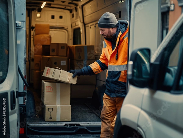 Obraz Delivery worker organizing parcels inside a van, wearing bright safety clothing and gloves, showcasing reliable shipping and logistics services in urban setting for efficient last-mile delivery.