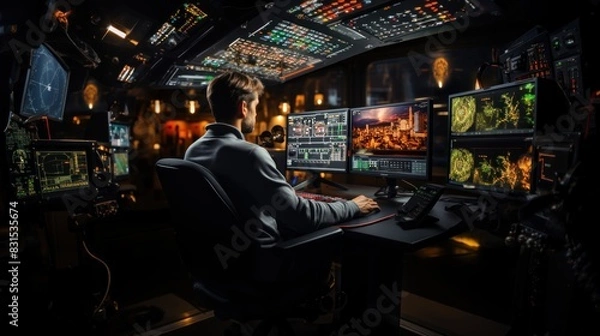 Fototapeta Person monitors data on a multitude of screens in a modern, high-tech command center