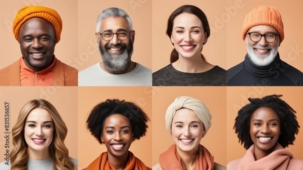 Fototapeta A collage of multicultural faces, each wearing colorful warm winter attire and smiling