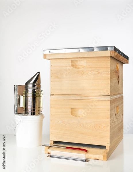 Fototapeta Langstroth beehive with smoker, trap, pail, etc.