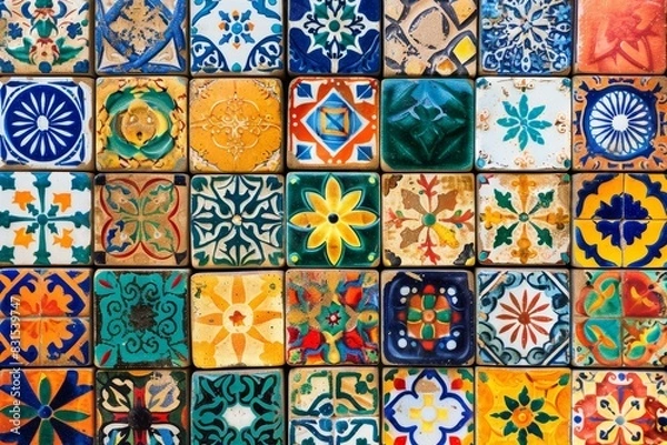 Fototapeta Vibrant Mosaic of Traditional Hand-Painted Ceramic Tiles: A Colorful and Artistic Display of Craftsmanship