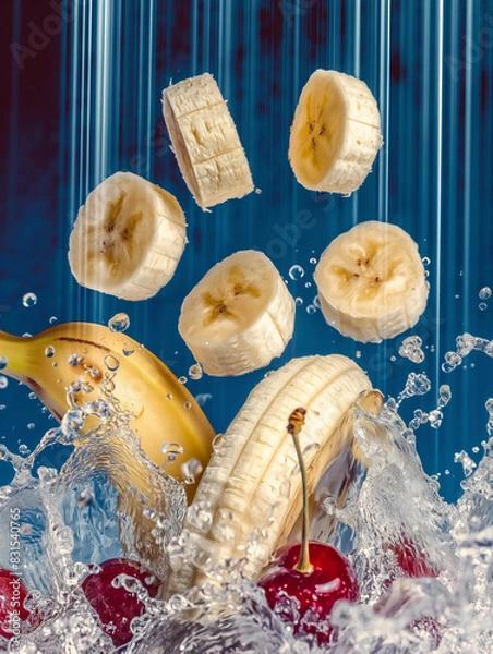 Obraz bananas and cherry in watersplash