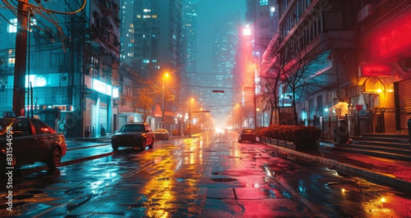 Obraz Traffic on a wet street at night in the City.