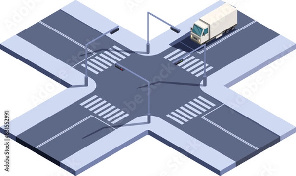 Fototapeta isometric road intersection with traffic lights and truck, vector illustration