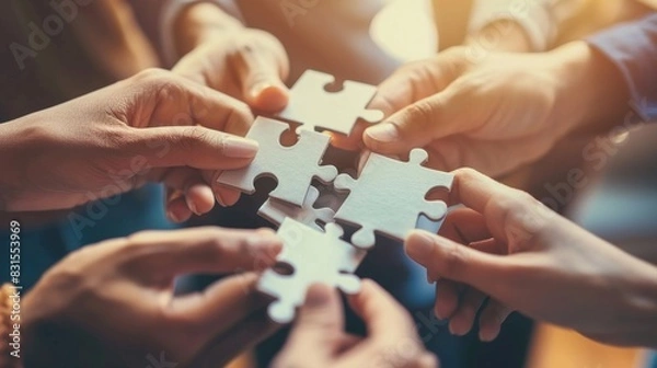 Obraz Concept of teamwork and partnership. Hands join puzzle pieces in the office. business people putting the jigsaws team together.Charity, volunteer. Unity, team business. 