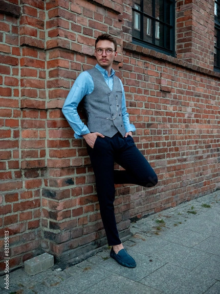 Obraz Młody mężczyzna na eleganckiej sesji zdjęciowej w postprzemysłowej części Katowic - Nikiszowcu