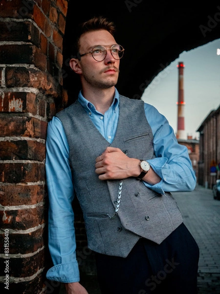 Obraz Młody mężczyzna na eleganckiej sesji zdjęciowej w postprzemysłowej części Katowic - Nikiszowcu