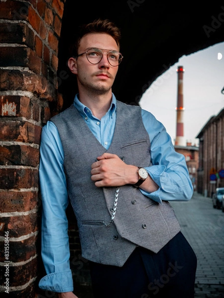 Obraz Młody mężczyzna na eleganckiej sesji zdjęciowej w postprzemysłowej części Katowic - Nikiszowcu
