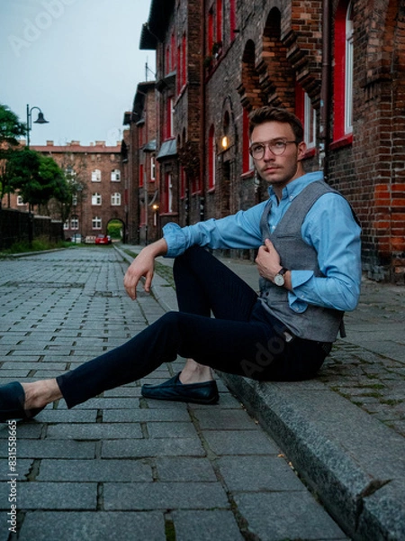 Obraz Młody mężczyzna na eleganckiej sesji zdjęciowej w postprzemysłowej części Katowic - Nikiszowcu