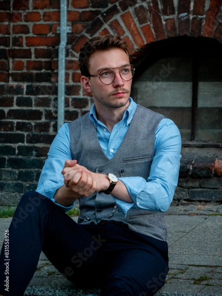 Obraz Młody mężczyzna na eleganckiej sesji zdjęciowej w postprzemysłowej części Katowic - Nikiszowcu