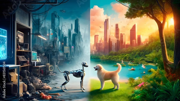 Fototapeta Robotic Dog vs Real Dog: Dystopian vs Utopian Future. Technological Challenge.