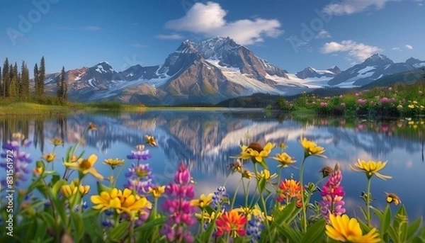 Fototapeta Dramatic mountain range reflected in a pristine glacial lake, with soft morning mist and vibrant wildflowers in the foreground