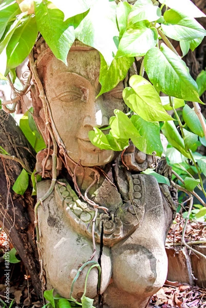 Fototapeta Ancient stone statue adorned with green foliage, blending art with nature in serene outdoor setting