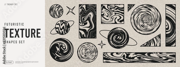 Fototapeta Futuristic vector texture set. Psychedelic shapes, liquid forms, abstract fluid, vintage elements. Y2k techno design shapes.
