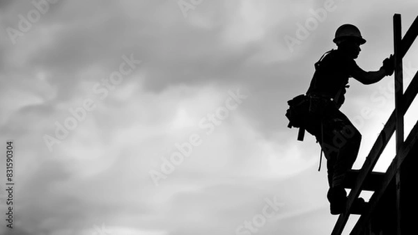 Obraz Silhouette of a construction worker at top structure wearing a hard hat in black and white with high contrast against a sky background