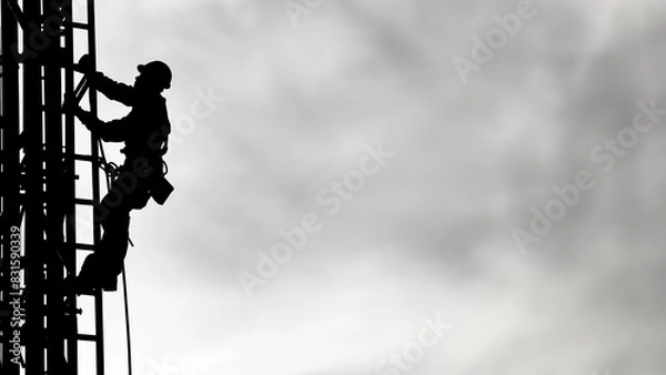 Obraz Silhouette of a construction worker at top structure wearing a hard hat in black and white with high contrast against a sky background