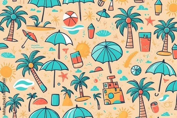 Fototapeta A beach scene with palm trees and umbrellas