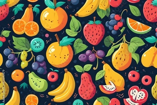 Fototapeta A colorful fruit pattern with a variety of fruits including bananas, apples