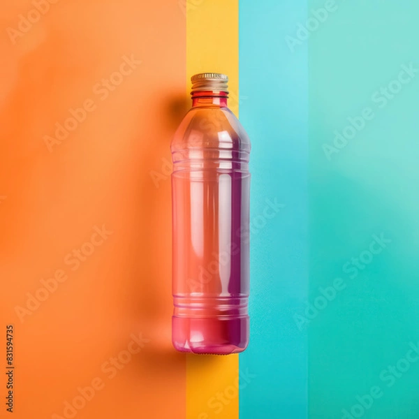 Fototapeta transparent pink bottle with golden cap on vibrant tri-color background