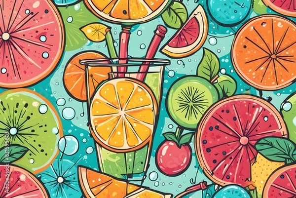 Obraz A colorful fruit drink with a straw in it is surrounded by slices of fruit