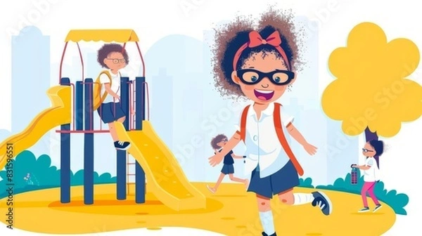 Fototapeta Design an aerial view of a playground at school, showcasing a cute little kid playing merrily Incorporate enough blank space for Back To School messages to resonate effectively