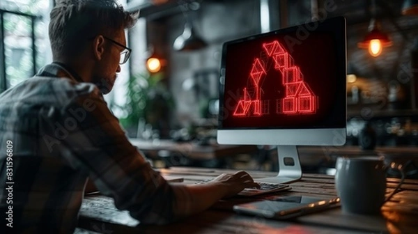Fototapeta Businessman using laptop with virtual world economic growth chart and red warning sign, highlighting caution in investing and economic situation risks.